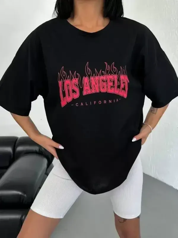 Unisex Велосипедная Горловина С Принтом Oversize Футболка - Черный - 4