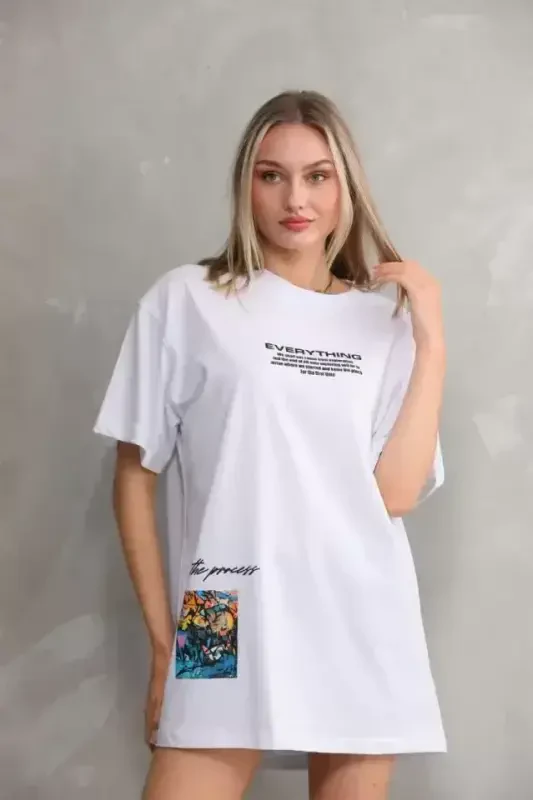 Unisex Велосипедный Воротник С Принтом Oversize Футболка - Белый - 3