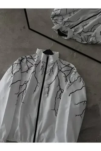 Unisex White Black Lightning Printed Full Zippered Raincoat & Windbreaker-WhiteBlack - 1
