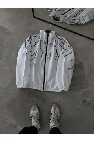Unisex White Black Lightning Printed Full Zippered Raincoat & Windbreaker-WhiteBlack - RICHARLISON (1)