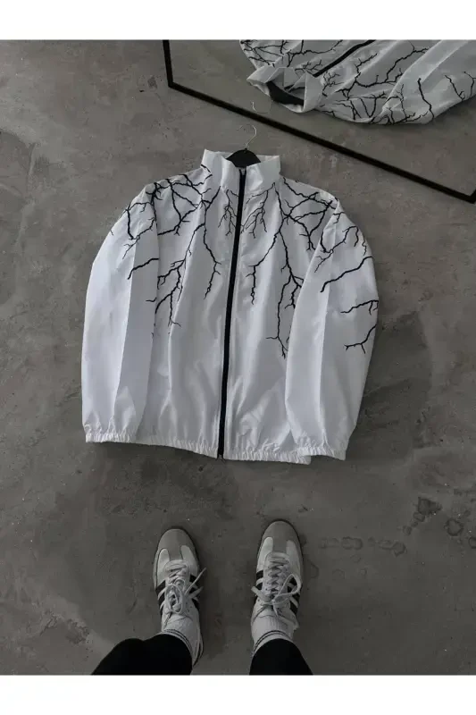 Unisex White Black Lightning Printed Full Zippered Raincoat & Windbreaker-WhiteBlack - 2
