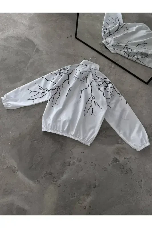 Unisex White Black Lightning Printed Full Zippered Raincoat & Windbreaker-WhiteBlack - 3
