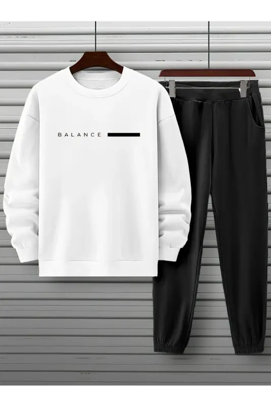 Unisex White Black Tracksuit with BALANCE Print and Fleece Lining - White Black - 1