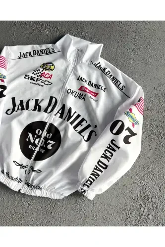 Unisex White Parachute Fabric Jck Printed Oversize Full Zipper Raincoat & Windbreaker-White - 3