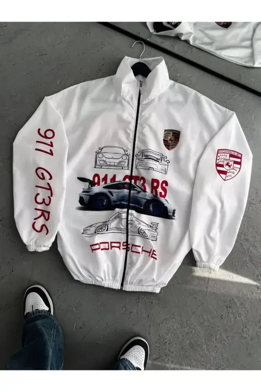 Unisex White Prsh Digital Design Printed Zippered Raincoat & Windbreaker-White - 1