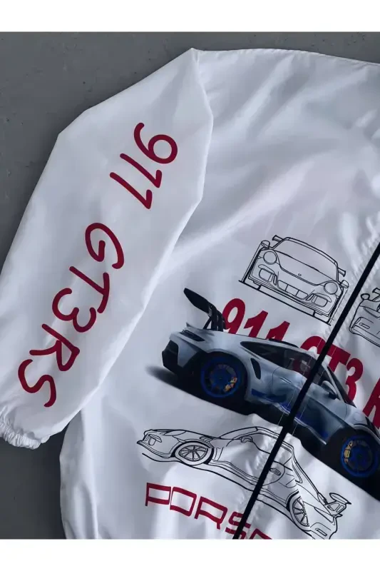 Unisex White Prsh Digital Design Printed Zippered Raincoat & Windbreaker-White - 2