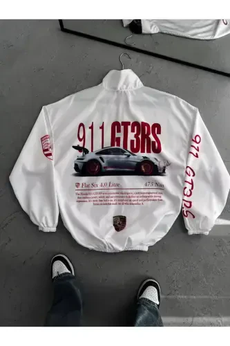 Unisex White Prsh Digital Design Printed Zippered Raincoat & Windbreaker-White - 3