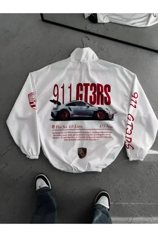 Unisex White Prsh Digital Design Printed Zippered Raincoat & Windbreaker-White - 3