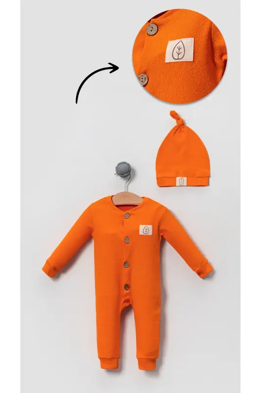 Unisex Wooden Button Detail Hat Chic Baby Jumpsuit-orange-Orange - BUBITO