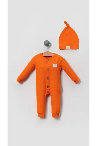 Unisex Wooden Button Detail Hat Chic Baby Jumpsuit-orange-Orange - BUBITO (1)