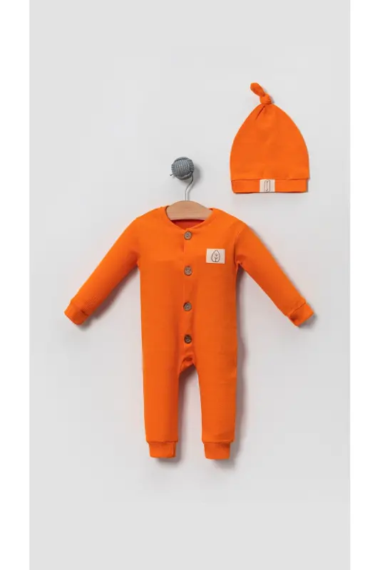Unisex Wooden Button Detail Hat Chic Baby Jumpsuit-orange-Orange - 2