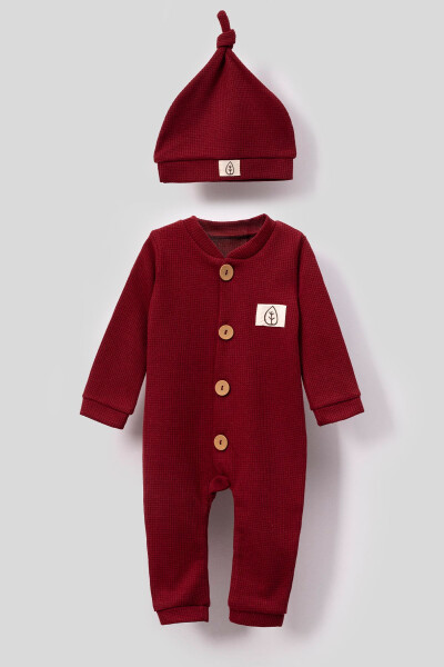 Unisex Wooden Button Detail Waffle Hatted Baby Romper - Red - BUBITO