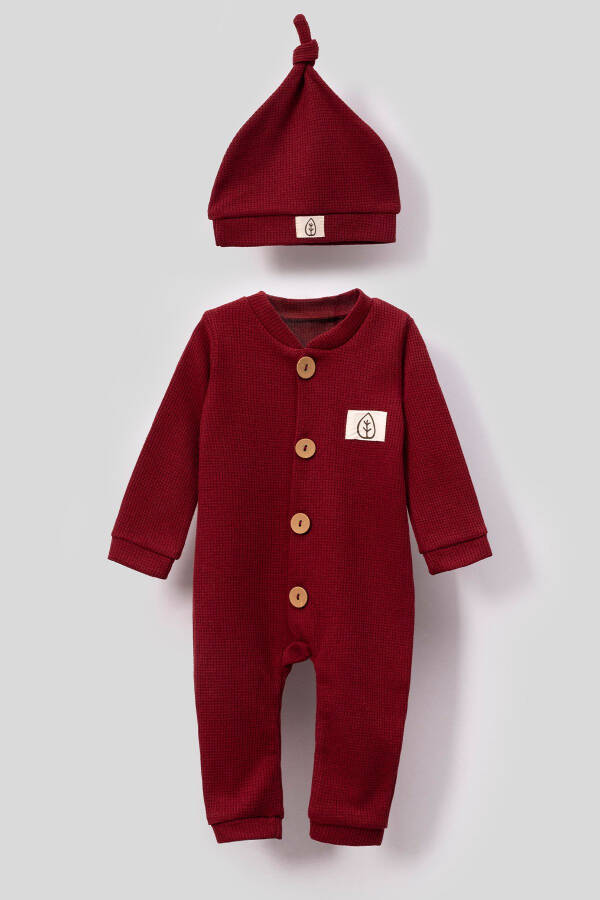 Unisex Wooden Button Detail Waffle Hatted Baby Romper - Red - 1
