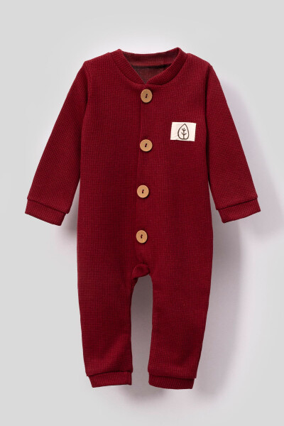 Unisex Wooden Button Detail Waffle Hatted Baby Romper - Red - BUBITO (1)