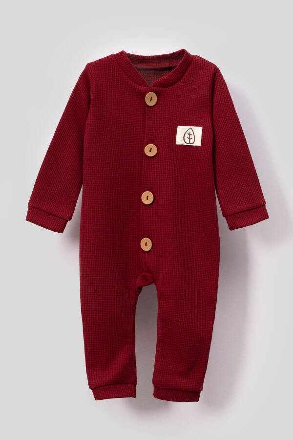 Unisex Wooden Button Detail Waffle Hatted Baby Romper - Red - 2