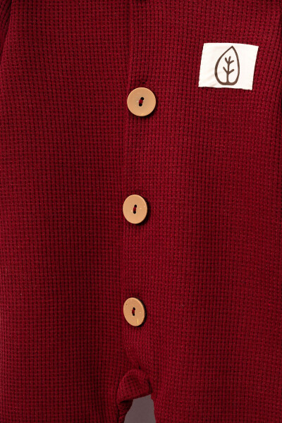 Unisex Wooden Button Detail Waffle Hatted Baby Romper - Red - 4