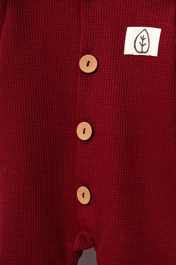 Unisex Wooden Button Detail Waffle Hatted Baby Romper - Red - 4