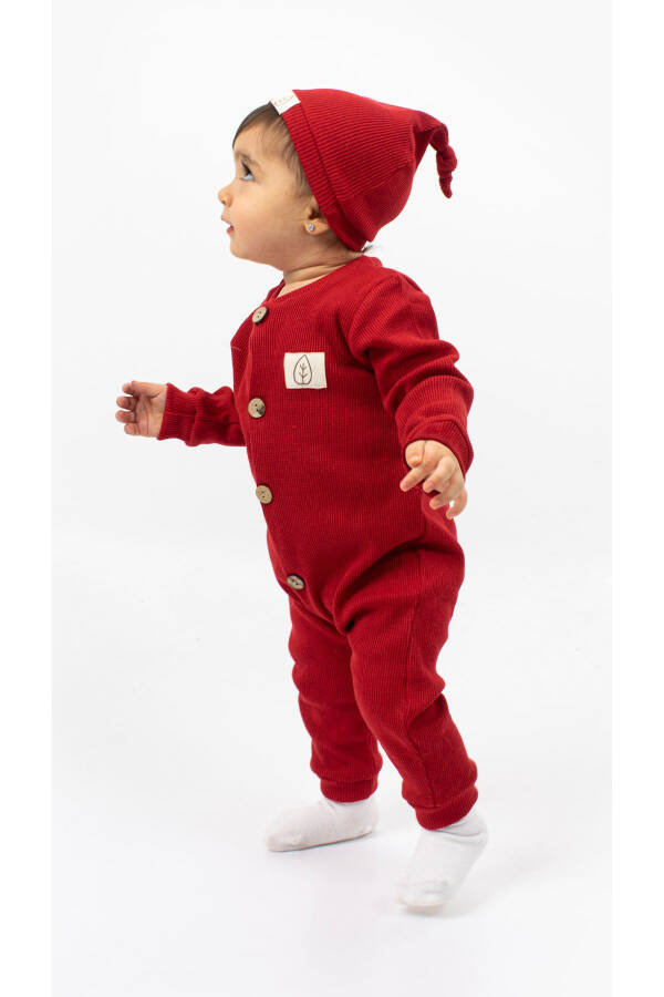 Unisex Wooden Button Detail Waffle Hatted Baby Romper - Red - 5