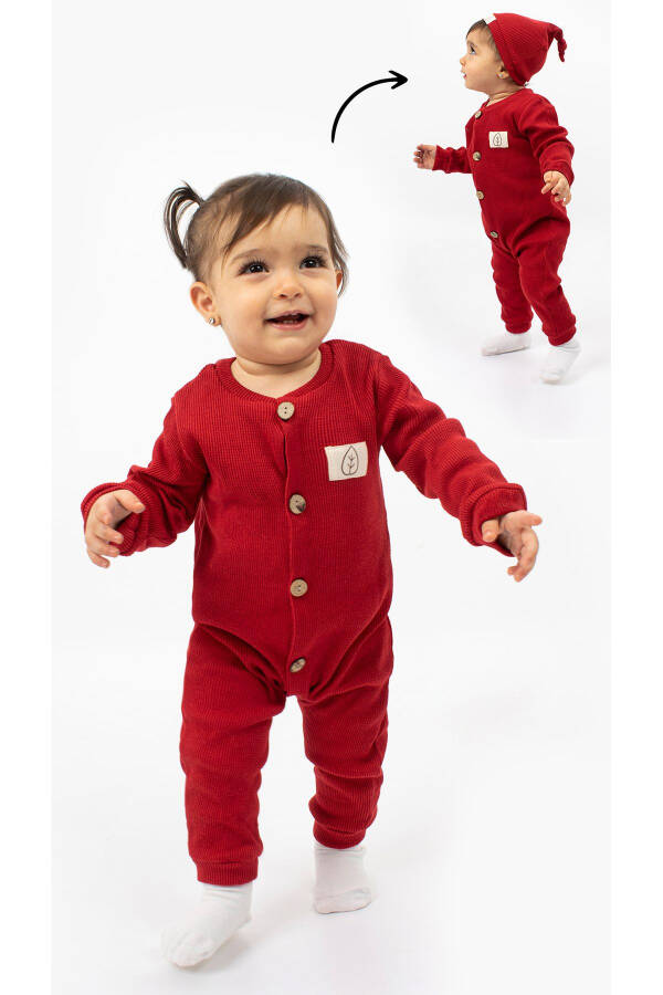 Unisex Wooden Button Detail Waffle Hatted Baby Romper - Red - 6