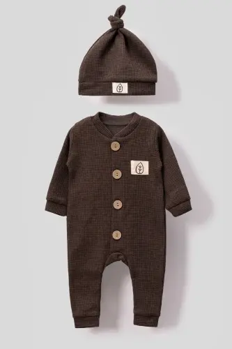 Unisex Wooden Button Detailed Hooded Waffle Stylish Baby Jumpsuit-brown-Brown 