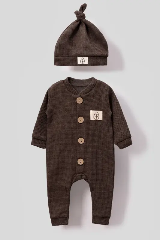 Unisex Wooden Button Detailed Hooded Waffle Stylish Baby Jumpsuit-brown-Brown - 1