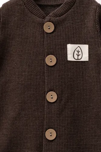 Unisex Wooden Button Detailed Hooded Waffle Stylish Baby Jumpsuit-brown-Brown - 4