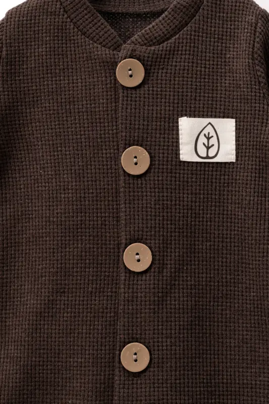 Unisex Wooden Button Detailed Hooded Waffle Stylish Baby Jumpsuit-brown-Brown - 4