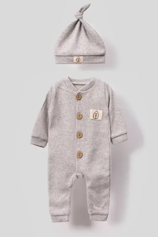 Unisex Wooden Button Detailed Hooded Waffle Stylish Baby Jumpsuit-gray-Gray - 1