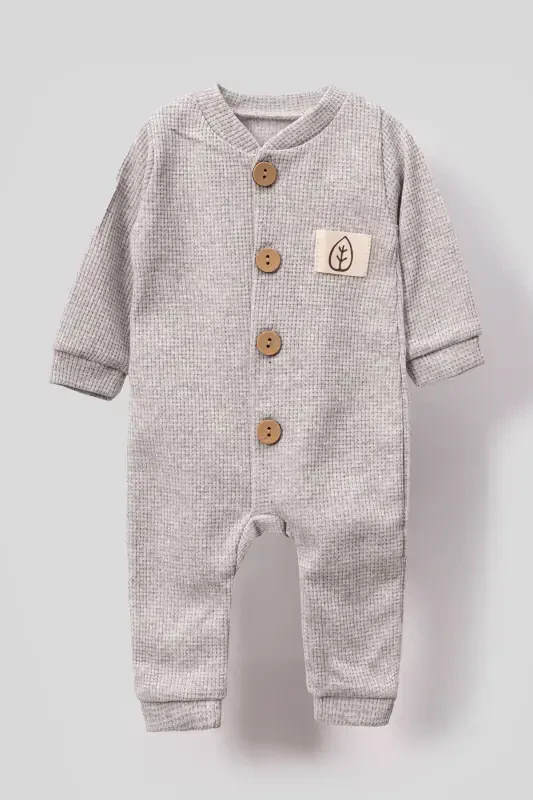 Unisex Wooden Button Detailed Hooded Waffle Stylish Baby Jumpsuit-gray-Gray - 2