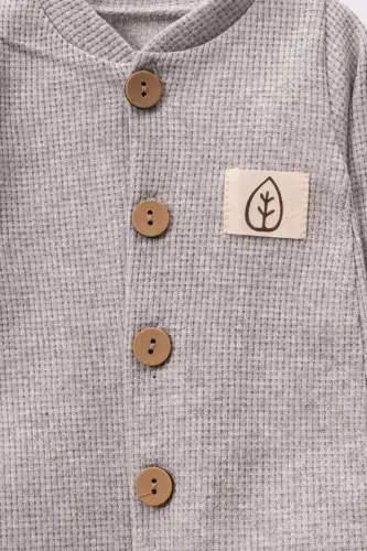 Unisex Wooden Button Detailed Hooded Waffle Stylish Baby Jumpsuit-gray-Gray - 4