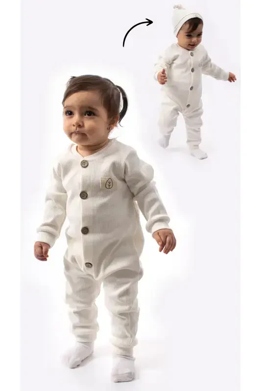 Unisex Wooden Button Detailed Hooded Waffle Stylish Baby Romper-white-White - 2