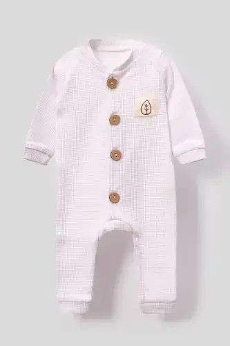 Unisex Wooden Button Detailed Hooded Waffle Stylish Baby Romper-white-White - 4