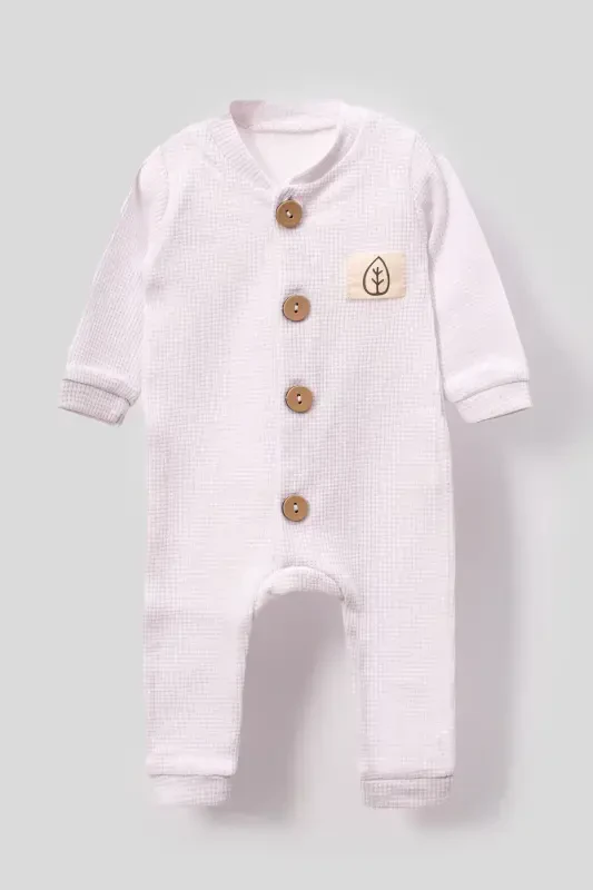 Unisex Wooden Button Detailed Hooded Waffle Stylish Baby Romper-white-White - 4