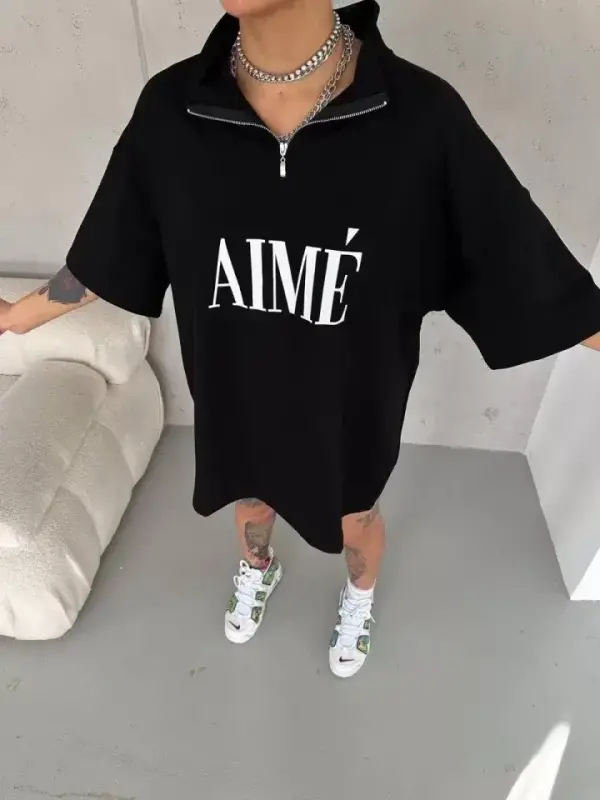 Unisex Yarım Fermuarlı Baskılı T-Shirt - Siyah - BÜYÜKBEDENIZ