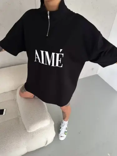 Unisex Yarım Fermuarlı Baskılı T-Shirt - Siyah - BÜYÜKBEDENIZ (1)