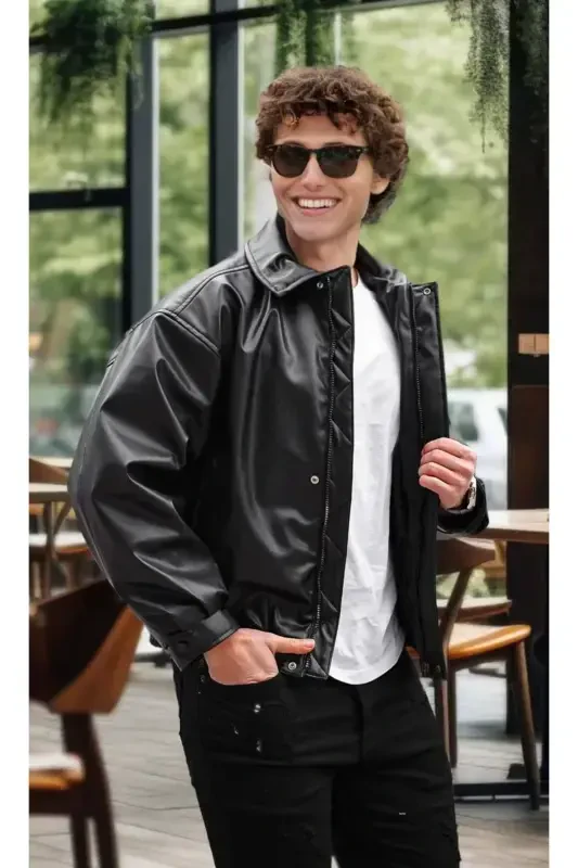 Unisex Yeni Sezon Oversize Deri Ceket-SİYAH USE - 2