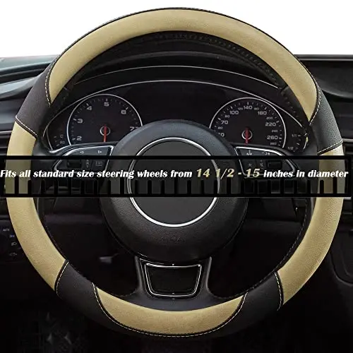 Universal Avtomobil Rul G'ilofi Nafas Oluvchi Sirpanishga Qarshi, 15 dyuymli Mikrofiber Teri Avtomobil Rul G'ilofi Avtomobil Yuk mashinasi SUV Klassik Bej uchun - 4