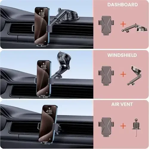 Universal Car Phone Mount Holder [3-in-1 Suction Cup] for Dashboard Windshield Air Vent, Military-Grade Adhesive Phone Car Mount, One Hand Release for iPhone Samsung Android Smartphones - DOLYOFG (1)