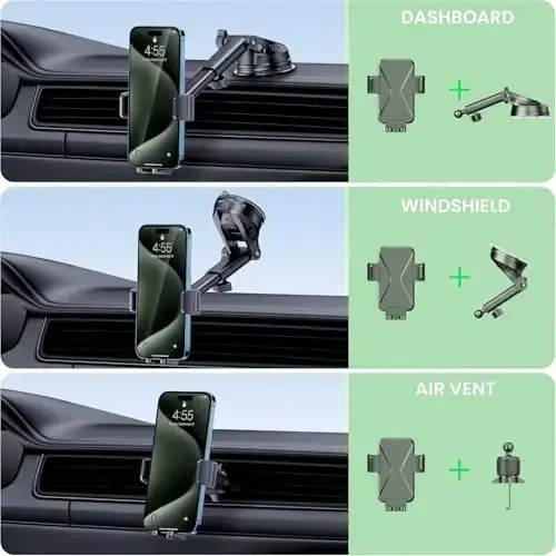 Universal Car Phone Mount Holder - [Harbiy darajadagi so'rg'ich va xavfsiz qisqich] 3-in-1 Oyna, Asboblar paneli, Havo chiqarish teshigi Avtomobil telefon ushlagichi barcha iPhone va smartfonlar bilan mos keladi - 2