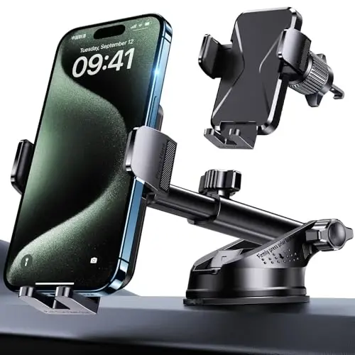 Universal Car Phone Mount Holder - [Military-Grade Suction Cup & Secure Clip] 3-in-1 Windshield, Dashboard, Air Vent Car Phone Mount Compatible with All iPhone & Smartphones 
