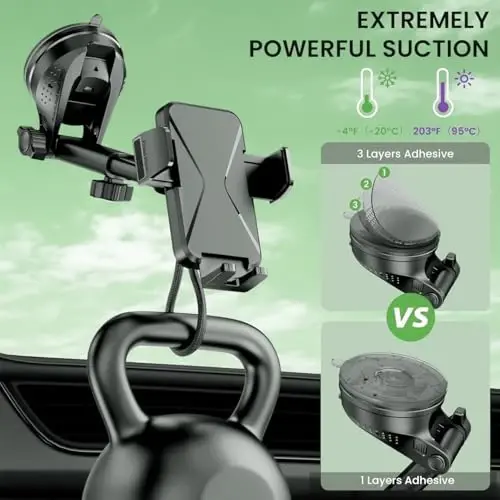 Universal Car Phone Mount Holder - [Military-Grade Suction Cup & Secure Clip] 3-in-1 Windshield, Dashboard, Air Vent Car Phone Mount Compatible with All iPhone & Smartphones - 6