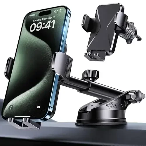 Universal Car Phone Mount Holder - [Military-Grade Suction Cup & Secure Clip] 3-in-1 Windshield, Dashboard, Air Vent Car Phone Mount Compatible with All iPhone & Smartphones - 1