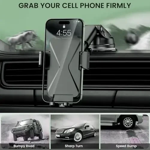 Universal Car Phone Mount Holder - [Military-Grade Suction Cup & Secure Clip] 3-in-1 Windshield, Dashboard, Air Vent Car Phone Mount Compatible with All iPhone & Smartphones - 7