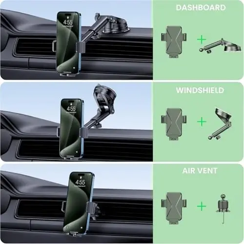 Universal Car Phone Mount Holder - [Military-Grade Suction Cup & Secure Clip] 3-in-1 Windshield, Dashboard, Air Vent Car Phone Mount Compatible with All iPhone & Smartphones - 2
