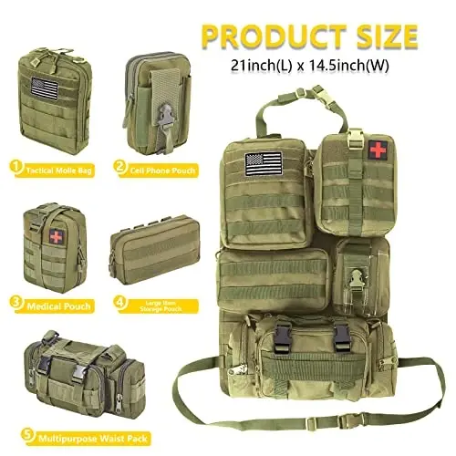Universal Tactical Car Seat Back Organizer Bag Tactical Molle Vehicle Organizers Panel Vehicle Protector Organizers with 5 Detachable Pouches for Car Truck Ford Jeep (ACU) - 2