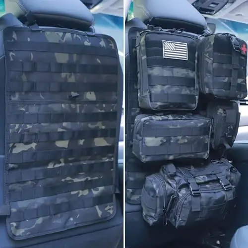 Universal Tactical Car Seat Back Organizer Bag Tactical Molle Vehicle Organizers Panel Vehicle Protector Organizers with 5 Detachable Pouches for Car Truck Ford Jeep (Black camo) - 5