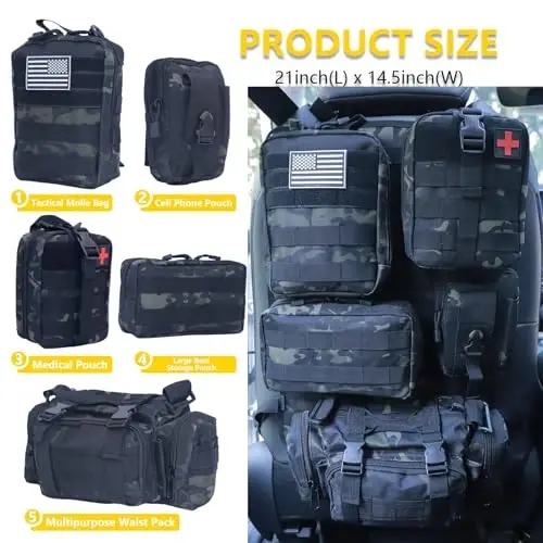 Universal Tactical Car Seat Back Organizer Bag Tactical Molle Vehicle Organizers Panel Vehicle Protector Organizers with 5 Detachable Pouches for Car Truck Ford Jeep (Black camo) - 2