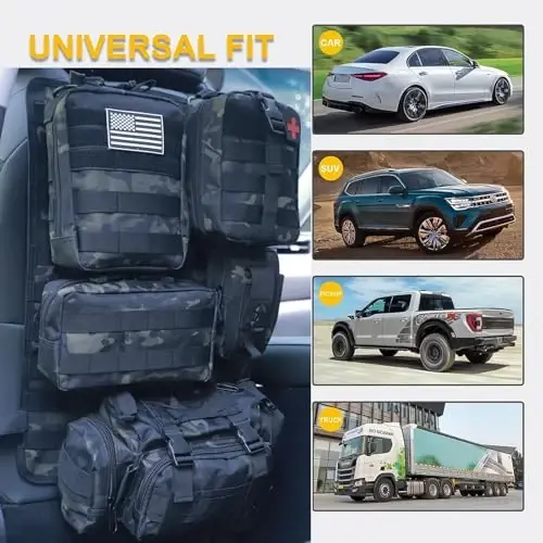 Universal Tactical Car Seat Back Organizer Bag Tactical Molle Vehicle Organizers Panel Vehicle Protector Organizers with 5 Detachable Pouches for Car Truck Ford Jeep (Black camo) - 3