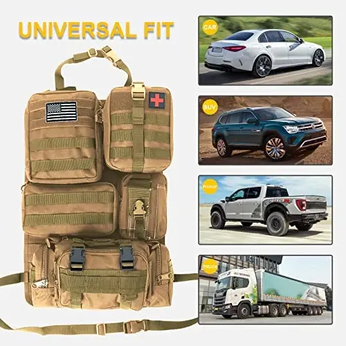 Universal Tactical Car Seat Back Organizer Bag Tactical Molle Vehicle Organizers Panel Vehicle Protector Organizers with 5 Detachable Pouches for Car Truck Ford Jeep (Khaki) - 4