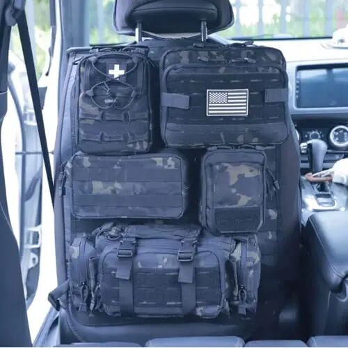 Universal Tactical Car Seat Back Organizer Bag Tactical Molle Vehicle Organizers Panel Vehicle Protector Organizers with 5 Detachable Pouches for Car Truck Ford Jeep (Upgraded C model Black camo) 